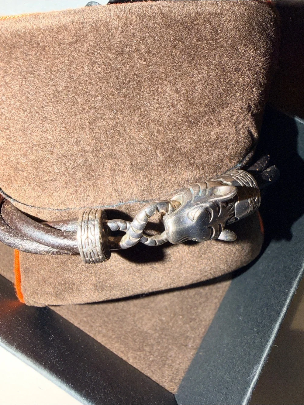 John Hardy Black Leather Bracelet with Silver Dragon Head Accent..PLEASE NO  BOX